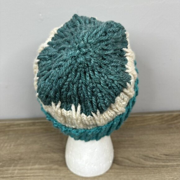 Handmade Unisex New Teal Cream Cable Knit Colorblock Winter Beanie Hat M/L - Picture 4 of 9
